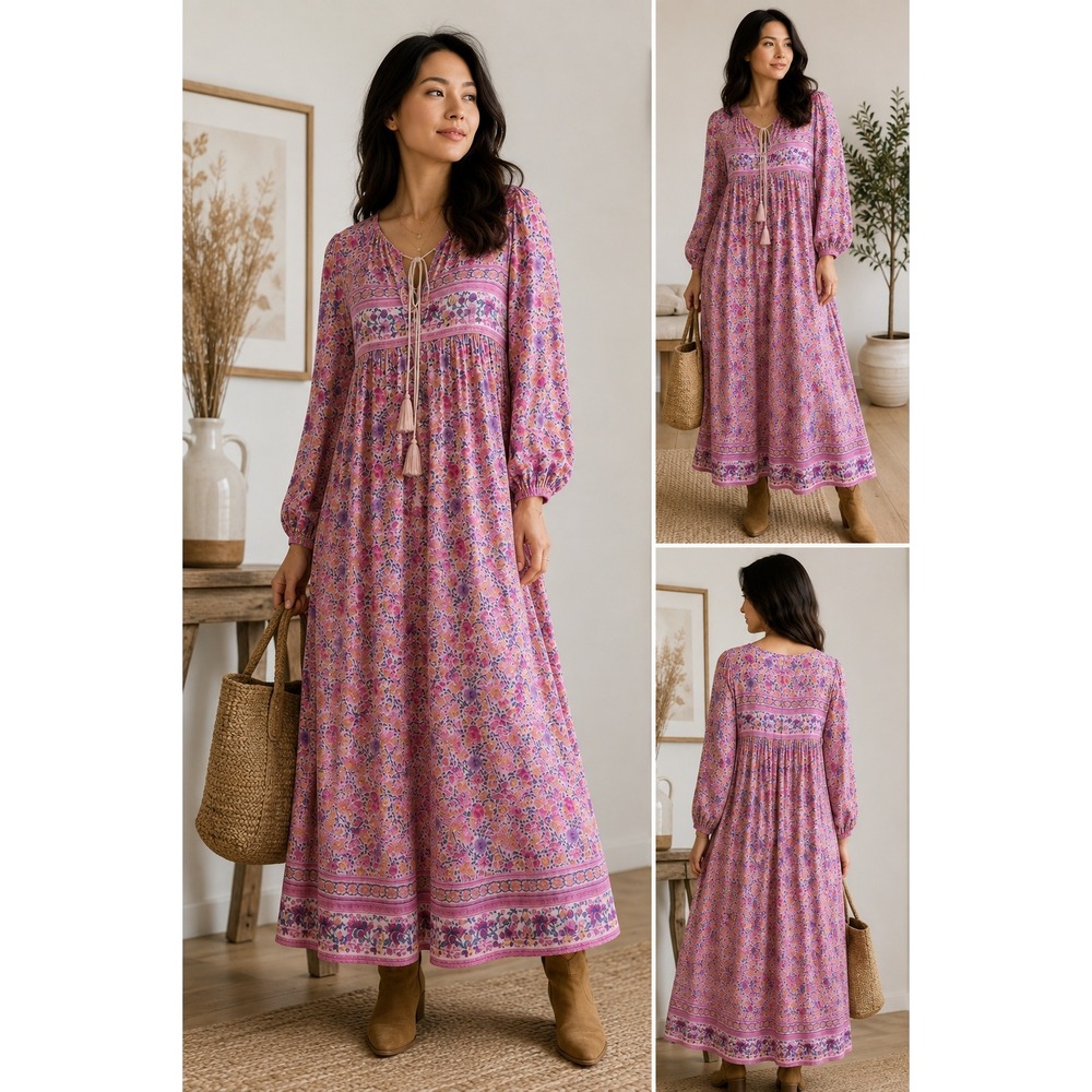 R.Vivimos Women Pink Floral Boho Maxi Dress Long Sleeve Tassel V-Neck 2XL